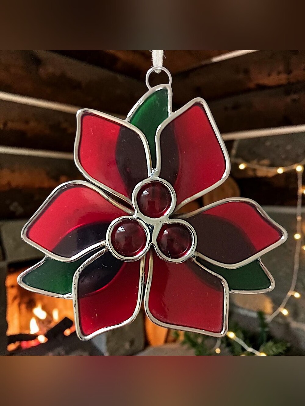 Vintage Stained Glass Poinsettia Suncatcher Ornament Christmas Window Red Green